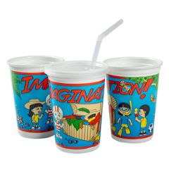 Kid's Cups Combo, Imagination Theme, 12 oz Thermoformed Cup w/disposable lid (250 Cups/Lids/Wrapped Straws)
